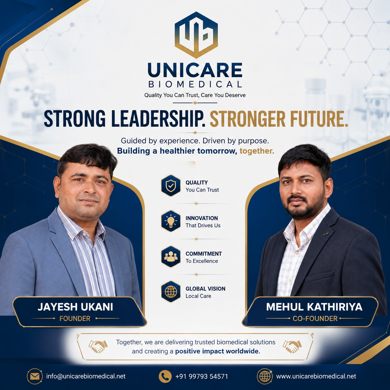 Unicare Biomedical leadership poster featuring founder Jayesh Ukani and co-founder Mehul Kathiriya